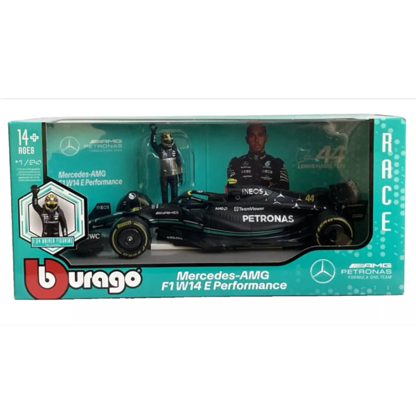 Bburago 1/24 F1 Model Car with Figure Mercedes-AMG Petronas 2023 W14 E-Performance #44 Lewis Hamilton 18-28037