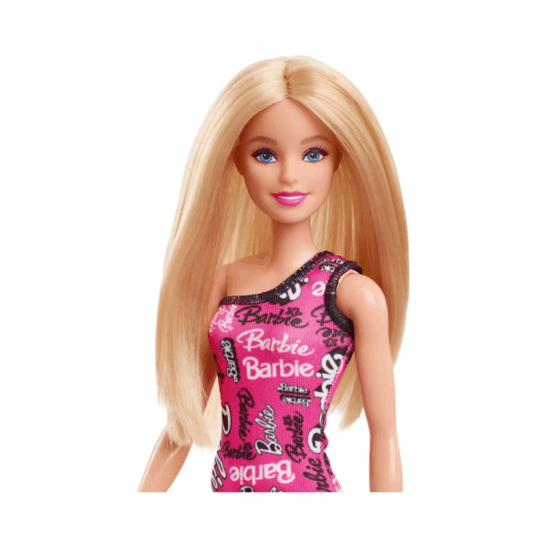 Barbie Doll with Smooth Blonde Hair Dressed in Asymmetric Removable Pink Dress and Logo Print Shoes HRH07