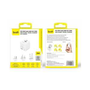 Dual-Port High-Speed Charging. Enjoy rapid power delivery with dual ports offering up to 35W total output for efficient charging. Quick Boost for iPhone. Charge your iPhone 8 or newer from 0% to 50% in just 30 minutes for fast top-ups on the go. Global Plug Versatility. Includes US, UK, EU, and AU plug options—plus a foldable US plug that rotates 90° for compact storage. Compact GaN Power for Travel. Powered by high-efficiency GaN technology, this charger delivers fast charging in a sleek, travel-friendly design. Universal Device Compatibility. Perfect for smartphones and other devices that support USB-C Power Delivery or USB-A Quick Charge 3.0.