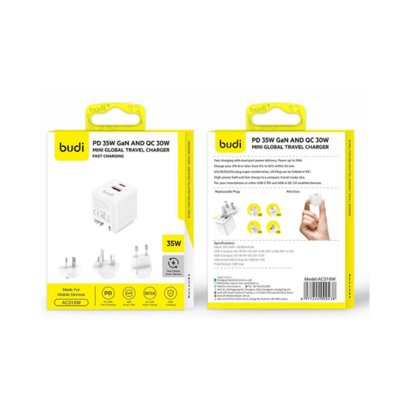 Dual-Port High-Speed Charging. Enjoy rapid power delivery with dual ports offering up to 35W total output for efficient charging. Quick Boost for iPhone. Charge your iPhone 8 or newer from 0% to 50% in just 30 minutes for fast top-ups on the go. Global Plug Versatility. Includes US, UK, EU, and AU plug options—plus a foldable US plug that rotates 90° for compact storage. Compact GaN Power for Travel. Powered by high-efficiency GaN technology, this charger delivers fast charging in a sleek, travel-friendly design. Universal Device Compatibility. Perfect for smartphones and other devices that support USB-C Power Delivery or USB-A Quick Charge 3.0.