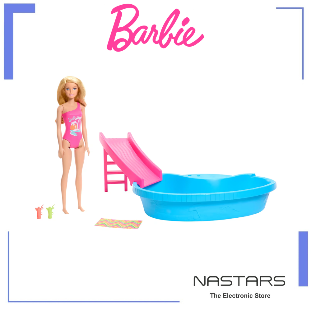 Barbie Doll And Pool Playset - Blonde With Pool-Slide- Towel And Drink Accessories
