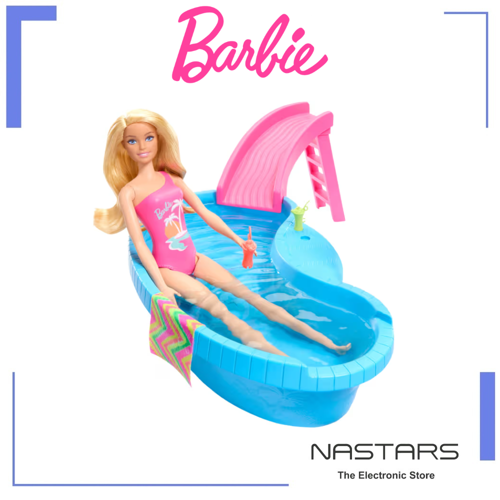 Barbie Doll And Pool Playset - Blonde With Pool-Slide- Towel And Drink Accessories