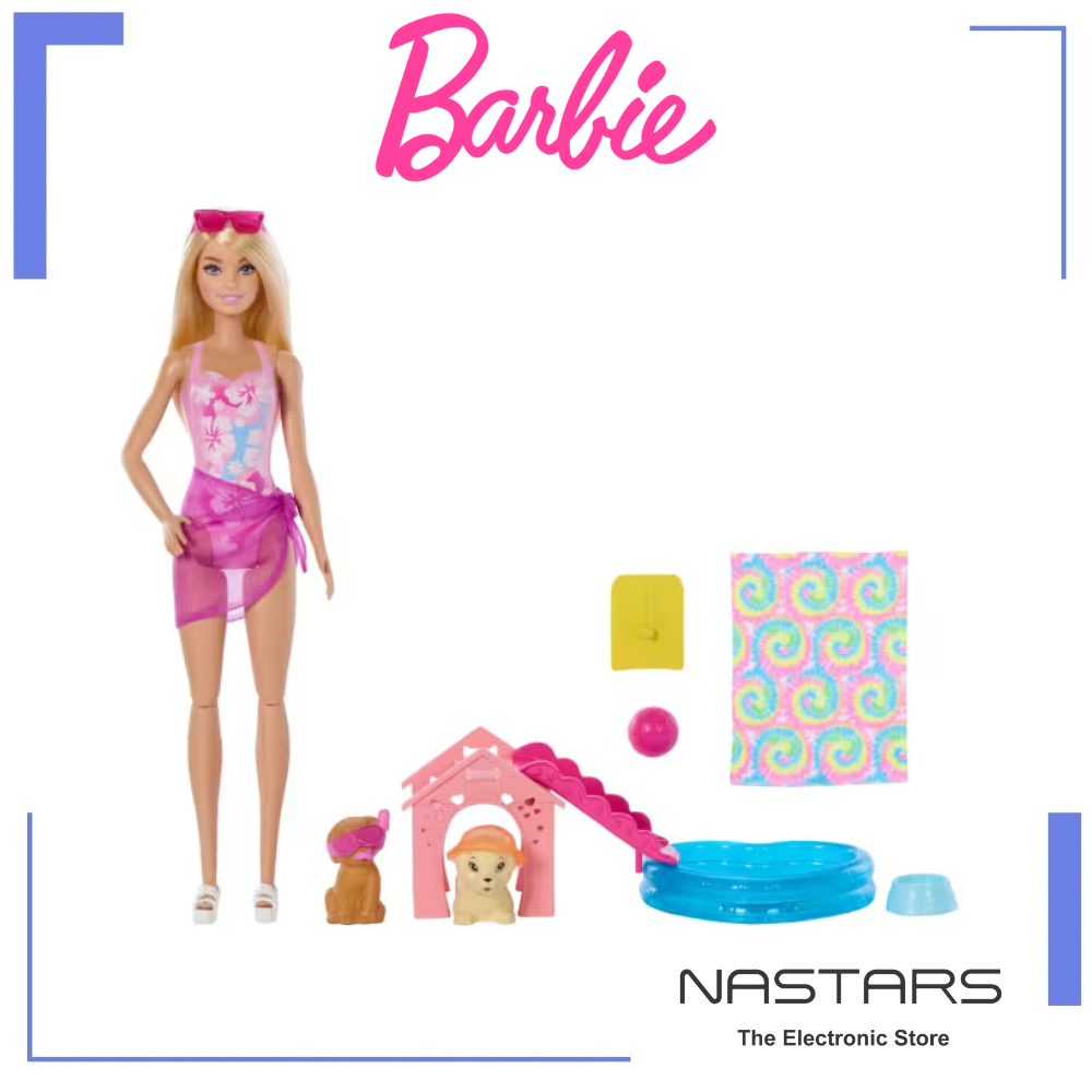 Barbie Puppy Pool Party Playset With Doll-Pool-Doghouse and Slide 2 Pet Figures and 6 Accessories