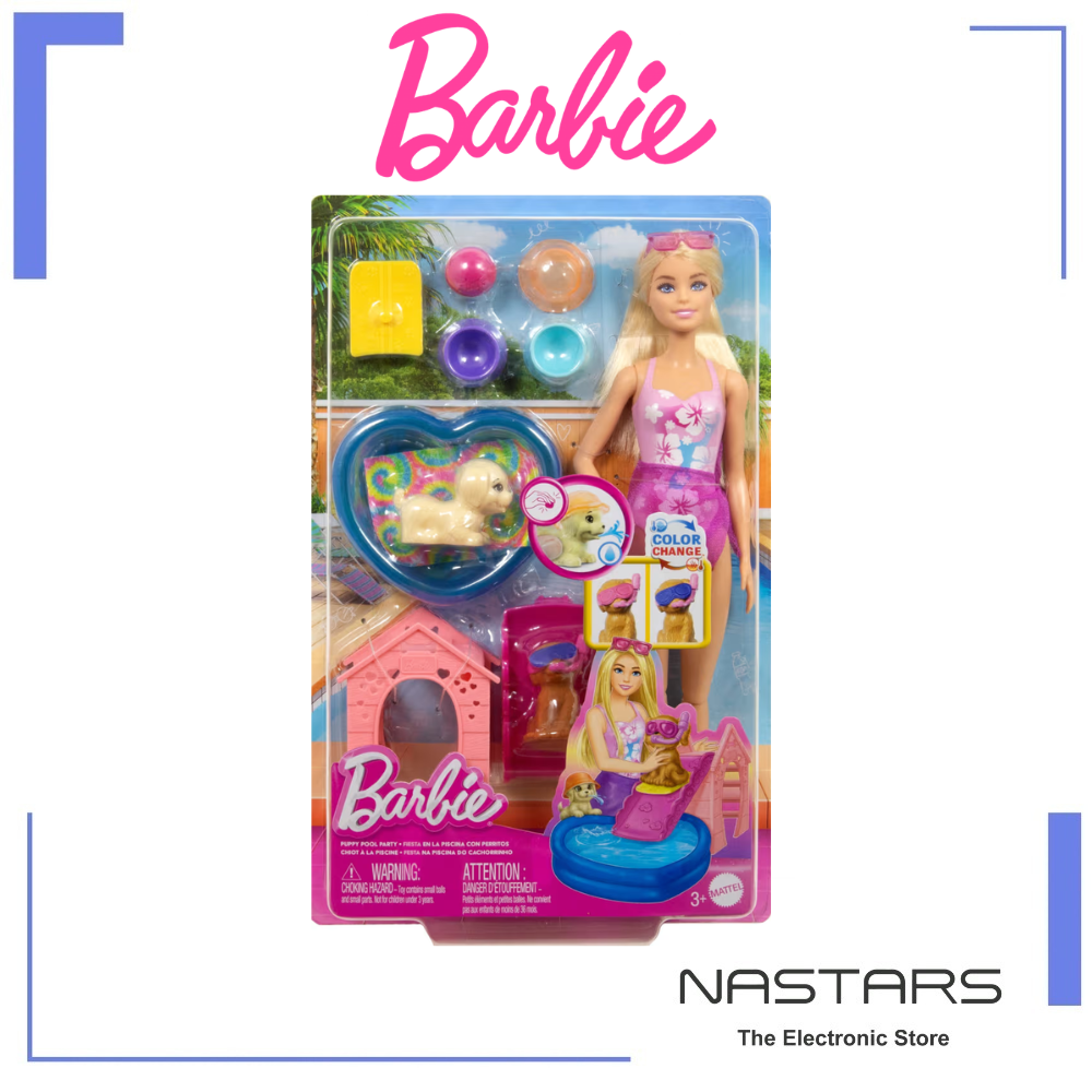 Barbie Puppy Pool Party Playset With Doll-Pool-Doghouse and Slide 2 Pet Figures and 6 Accessories
