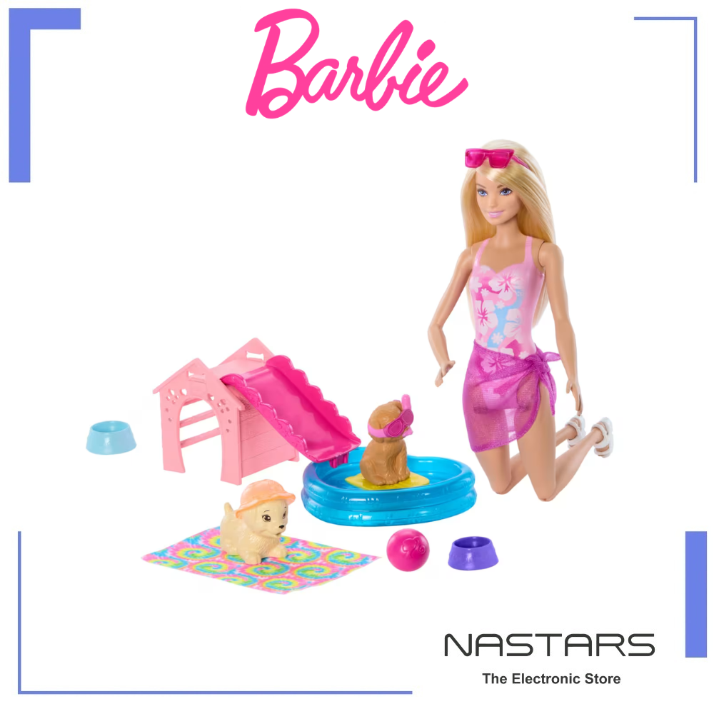 Barbie Puppy Pool Party Playset With Doll-Pool-Doghouse and Slide 2 Pet Figures and 6 Accessories